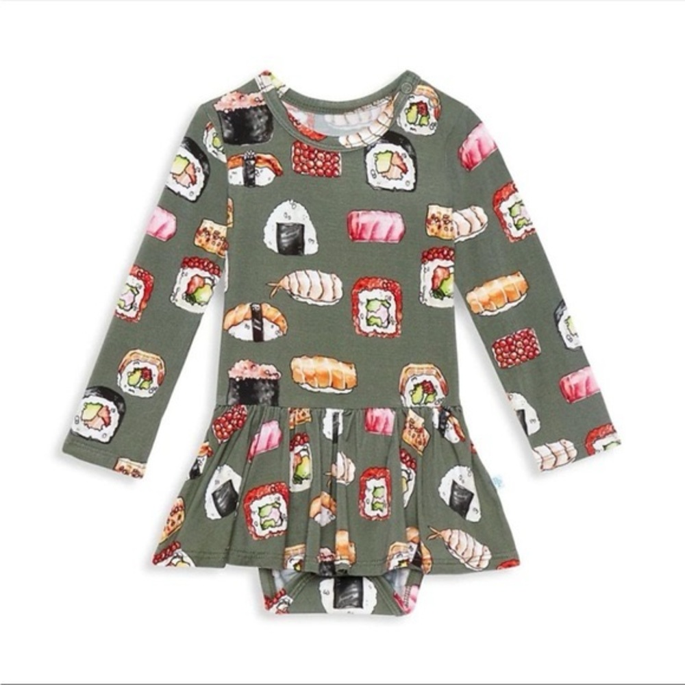 NWOT Posh Peanut 0-3 Month Sushi Print Twirl Dress with Matching Bow